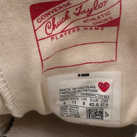 Comme des Garçons X Converse Heart Logo Lace Up Sneakers Mens 9 Women’s 11 - Picture 7 of 8
